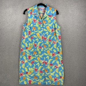 Palm Lily Women’s Sleeveless Button Front Top Turquoise w/ Fruit Print Size 12